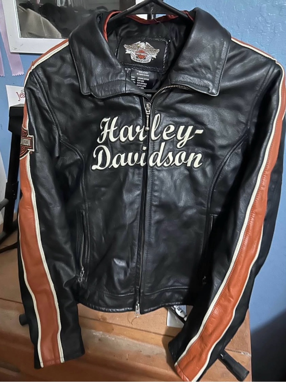 Harley-Davidson Black Leather Jacket with Brown and White Stripe Accents
